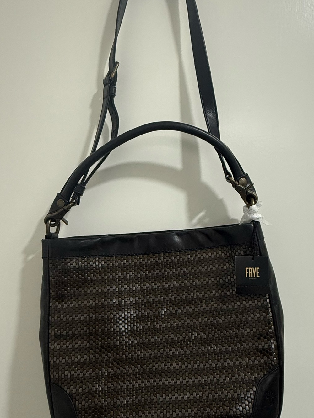Frye Black and Brown Woven Leather Shoulder Bag
